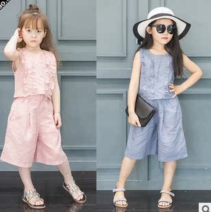 韩版2016中小女童套装夏季新款儿童花边无袖背心上衣+休闲阔腿裤