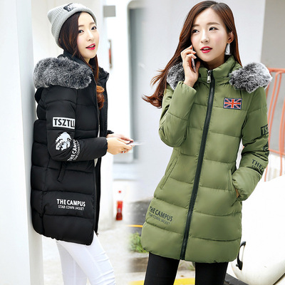2016冬季韩版棉服 中长款大毛领棉衣印花羽绒棉服女外套