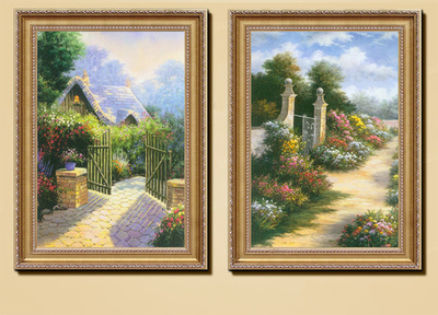 柠檬油画高清喷印油画法式花园景现代装饰画客厅玄关装饰风景油画