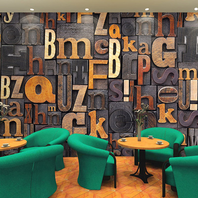 3D立体木纹英文字母墙大型壁画咖啡厅酒吧ktv复古怀旧墙壁纸墙纸
