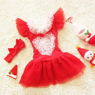 韩国宝宝可爱泳装圣诞特辑裙式连体温泉大小女童中小童儿童游泳衣