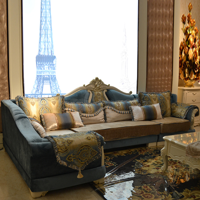 名居扬美式布艺沙发植绒布沙发蓝色橡木雕花客厅组合转角欧式沙发