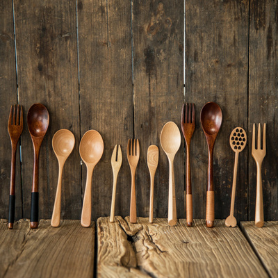 剑林创意日式木器 原木勺子 蜂窝勺 圆勺 饭勺 宝宝勺 原木叉子