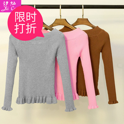 2016秋冬季韩版女装新款长袖打底衫纯色修身针织套头一字领毛衣女