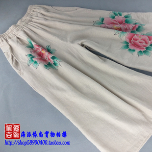 春夏款中式改良中国民族风手绘荷花米白色7/9分裤阔腿裤裙子M0004
