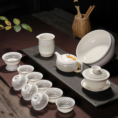琨德玲珑茶具套装蜂窝镂空功夫茶具整套茶具陶瓷茶具茶杯茶海盖碗