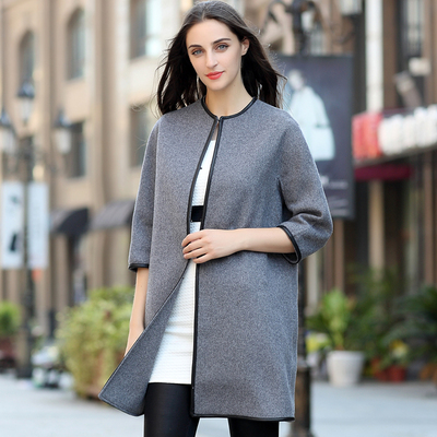 2015新款高端中长款七分袖羊毛呢子外套真皮包边双面羊绒大衣女