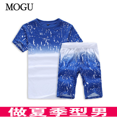 MOGU夏季新款运动套装男跑步服短袖两件套T恤套装户外修身大码潮