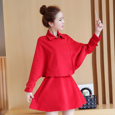 2016秋冬新款韩版红色斗篷型蝙蝠袖两件套A型长袖呢子毛呢连衣裙