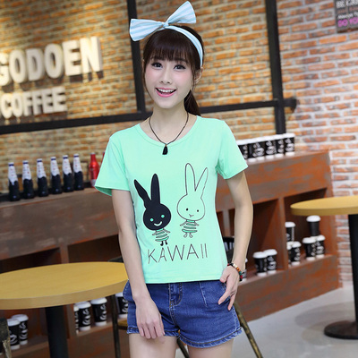 夏季新款2016韩版修身百搭学院风可爱兔子印花圆领短袖T恤女学生