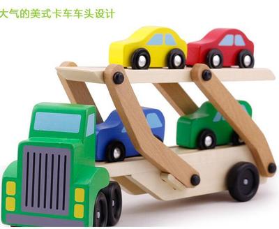 双层装载运输汽车儿童益智木制玩具4个小车 亲子游戏拼装积木包邮