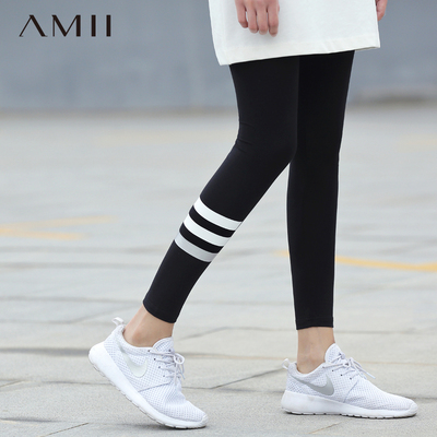 Amii[极简主义]2016春夏运动条纹印花软弹修身大码打底裤11670528