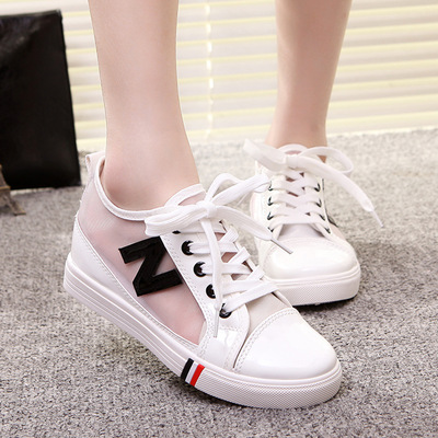 夏季网布内增高女鞋 韩版透明可爱拼色系带简约坡跟学生凉鞋