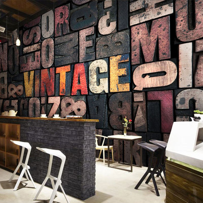 3d立体字母墙纸怀旧复古咖啡馆餐厅酒吧KTV网吧壁纸无缝大型壁画