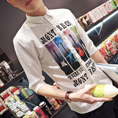 夏季新款男士修身七分袖衬衣潮男印花短袖衬衫青少年韩版中袖衬衣