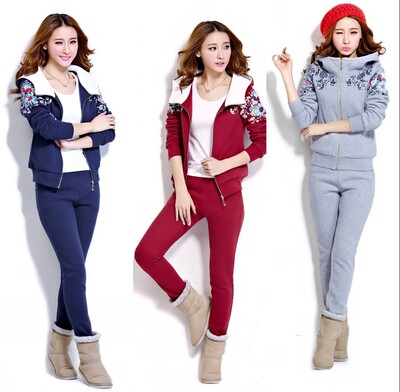 2015新款韩版冬季保暖大码外套连帽修身印花卫衣运动套装女加绒款