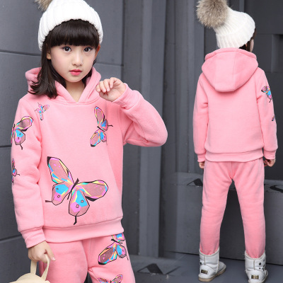 韩版童装2016冬季新款童装女童加厚蝴蝶印花卫衣两件套
