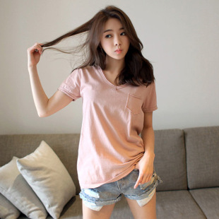 短袖T恤女2016夏季新款韩版女式V领宽松型纯棉纯色大码女装上衣女