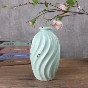 螺旋纹玉色宫廷式做旧地中海花器摆件 美式欧式复古怀旧陶瓷花瓶