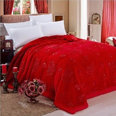 绣花毛毯被子双层加厚大红色婚庆拉舍尔珊瑚绒冬季盖绒9斤