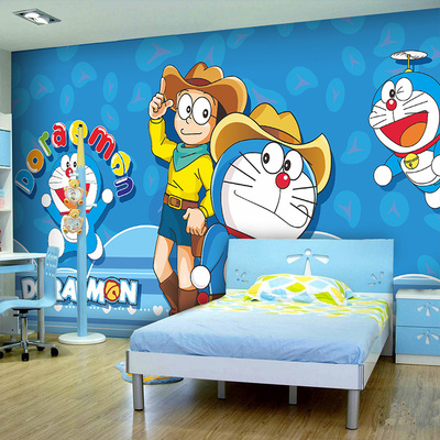 叮当多啦A梦机器猫大型壁画卧室背景墙纸 儿童房手绘卡通动漫壁纸