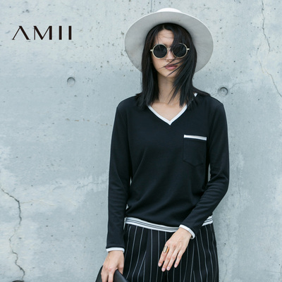 艾米Amii 女装旗靓店2016秋季新款大码宽松V领撞色条纹长袖棉T恤