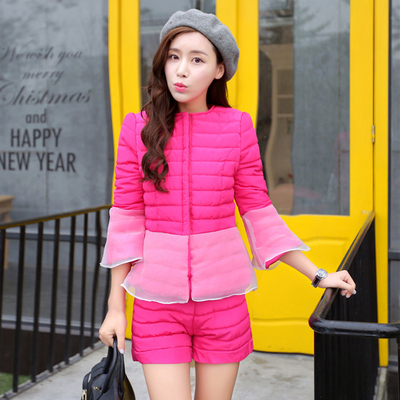 2015冬季棉袄外套女韩版气质修身短款小棉服欧根纱棉衣两件套装潮