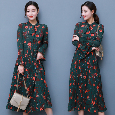 春装新款连衣裙2017女士韩版修身显瘦气质长款长袖雪纺印花长裙潮