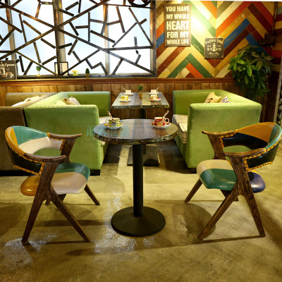 北欧 实木餐椅 拼花拼色主题个性 餐厅特色店 甜品店 咖啡厅桌椅