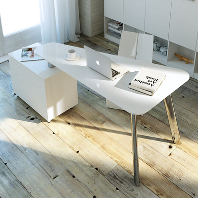 白色钢琴烤漆时尚办公书桌简约现代创意书台三角桌面带柜子组合