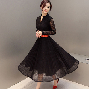 连衣裙女2016年春装新款韩版修身腰带中长款长袖蕾丝大摆打底裙子
