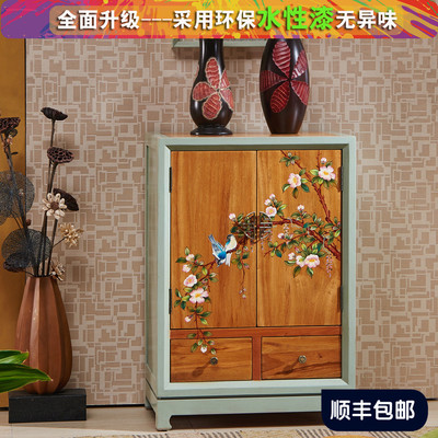 新中式储物柜香樟木双门柜全实木小户型鞋柜复古餐边柜彩绘玄关柜