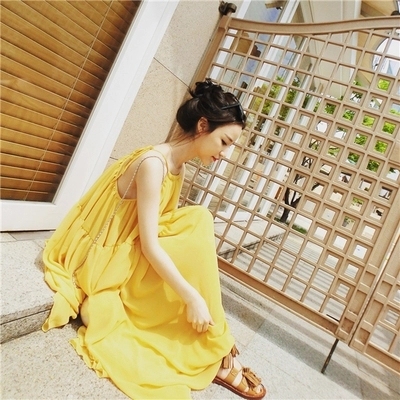【钱夫人】CHINSTUDIO独家定制 度假风 超美姜黄色女神长裙沙滩裙