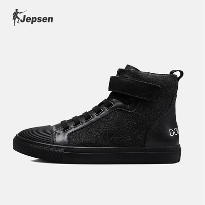 吉普森冬季男鞋韩版潮鞋复古板鞋休闲个性全黑色高帮鞋贝壳头鞋子