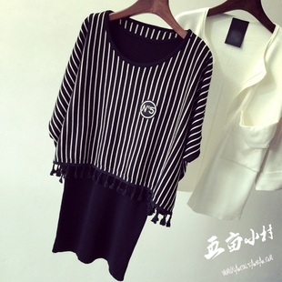 2015新款秋装韩国版显瘦流苏蝙蝠袖条纹两件套装针织连衣裙短裙子