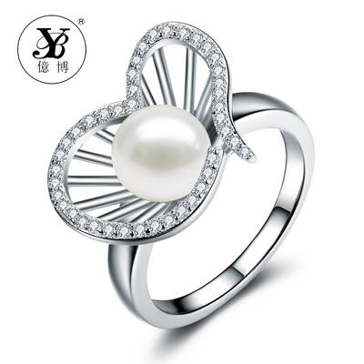 亿博韩版S925女戒指银镶钻天然淡水珍珠时尚气质戒指情人节礼物