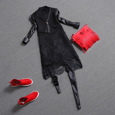 2015欧洲站新款欧美纯色针织蕾丝拼PU皮时尚连衣裙