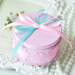 欧式马口铁喜糖盒创意好时费列罗粉色喜糖盒圆形铁盒含糖成品