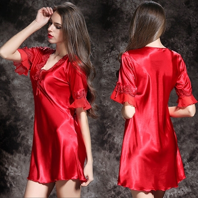 DK秋季睡裙女夏短袖薄款性感冰丝睡衣蕾丝红色丝绸品牌真丝家居服