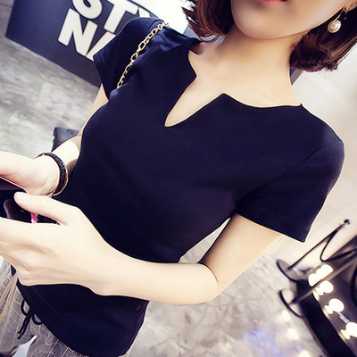 2016夏季韩版V领修身打底衫上衣女简约短袖纯色V领女士T恤