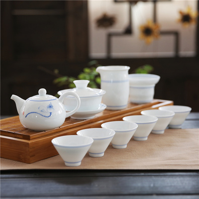 整套功夫茶具套装陶瓷白瓷手绘茶杯陶瓷茶碗斗笠杯盖碗茶壶茶海组