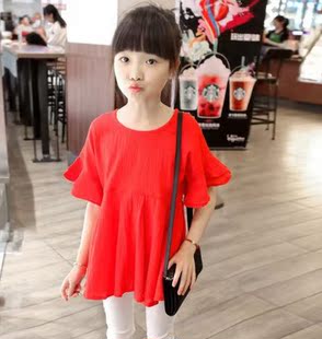2016夏装新款韩版森系女童雪纺荷叶袖娃娃衫衬衫衬衣T恤
