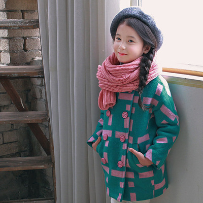 JP2416韩版童装中长款撞色毛呢外套韩国实拍女童时尚加棉呢料大衣