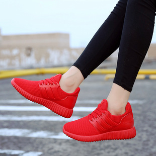 小红鞋秋季男女椰子鞋飞织透气情侣款跑步运动休闲鞋红色平底板鞋