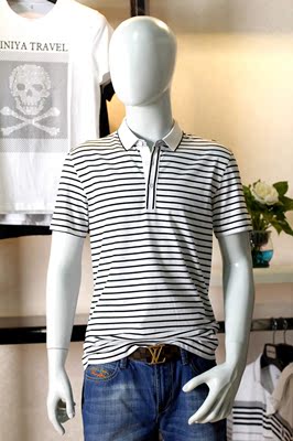 品牌剪标 男士夏季棉质翻领短袖黑白条纹T恤 商务休闲上衣