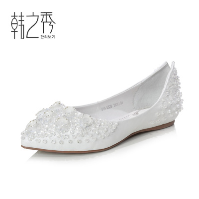 韩之秀2015新春款尖头羊皮串珠平跟街头风真皮女式单鞋子H15-2528