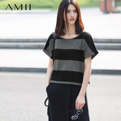 AMII艾米旗舰店2015夏装新款 新品撞色条纹宽松大码女款短袖T恤衫
