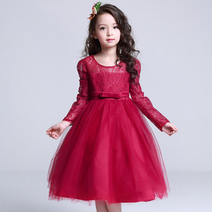 婚纱儿童礼服蓬蓬裙花童礼服女长袖连衣裙女童红色蕾丝公主裙纱裙