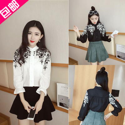 包邮女装一件代发模特实拍2016新款韩版时尚立领刺绣泡泡袖衬衣