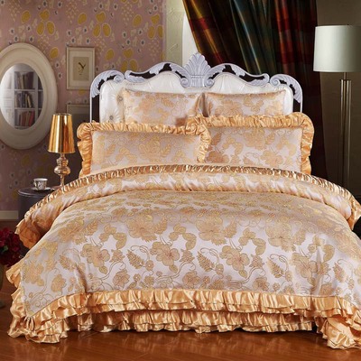 婚庆床上用品全棉贡缎夹棉床裙六件套纯棉床罩床盖四件套皇朝贵族